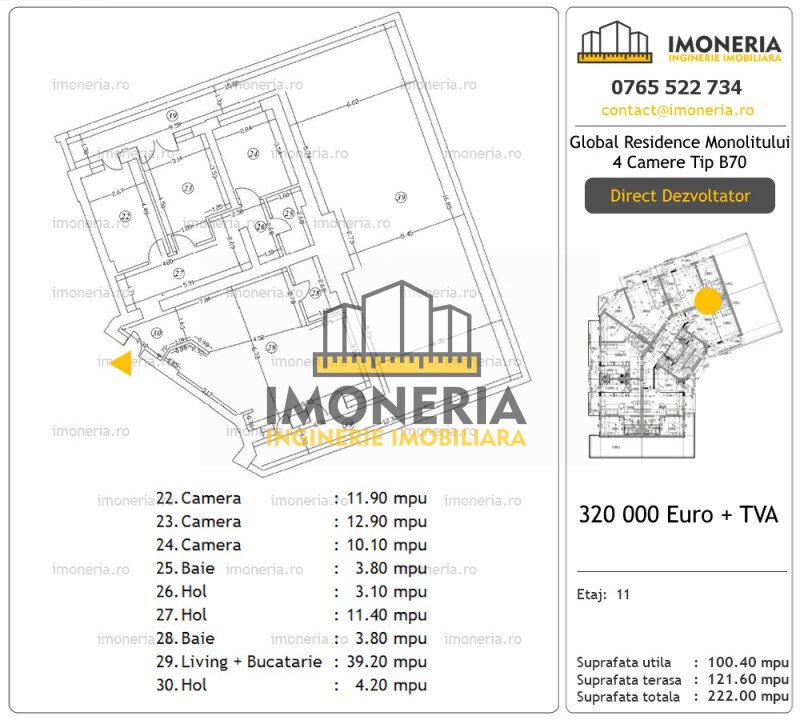 Unicorn cu 4 camere 100 mp+terasa privata 122 mp, parc 800 m, 0% comision.